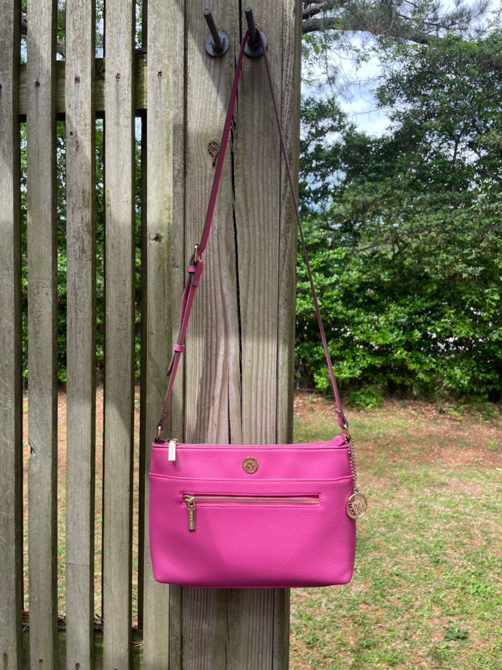 Anne Klein Hot Pink Pebbled Leather Crossbody with Gold-Tone Logo